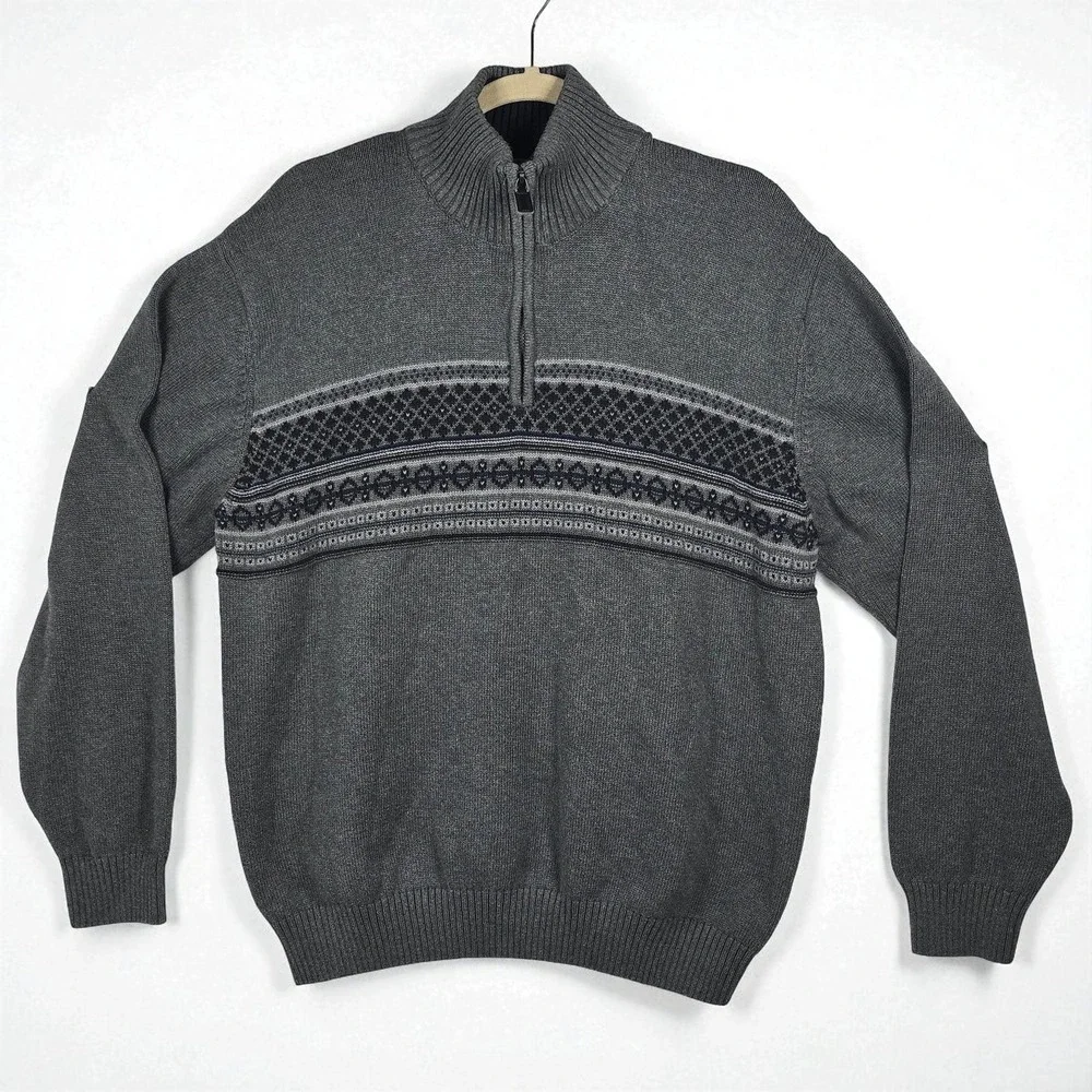 Oscar‎ de la Renta Sweater  Men XL Fair Isle Pattern Gray 1/4 Zip Knit Pullover